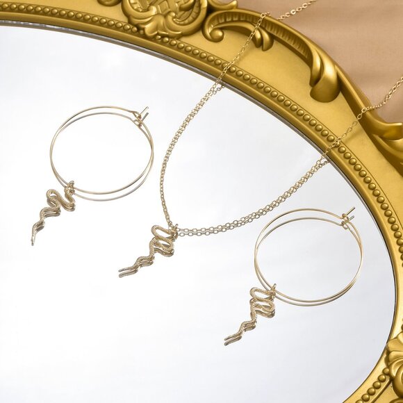 3/$35 Gold Plated Iron Snake Jewelry Set Hoop Earrings Chain Pendant Necklace - Picture 3 of 7